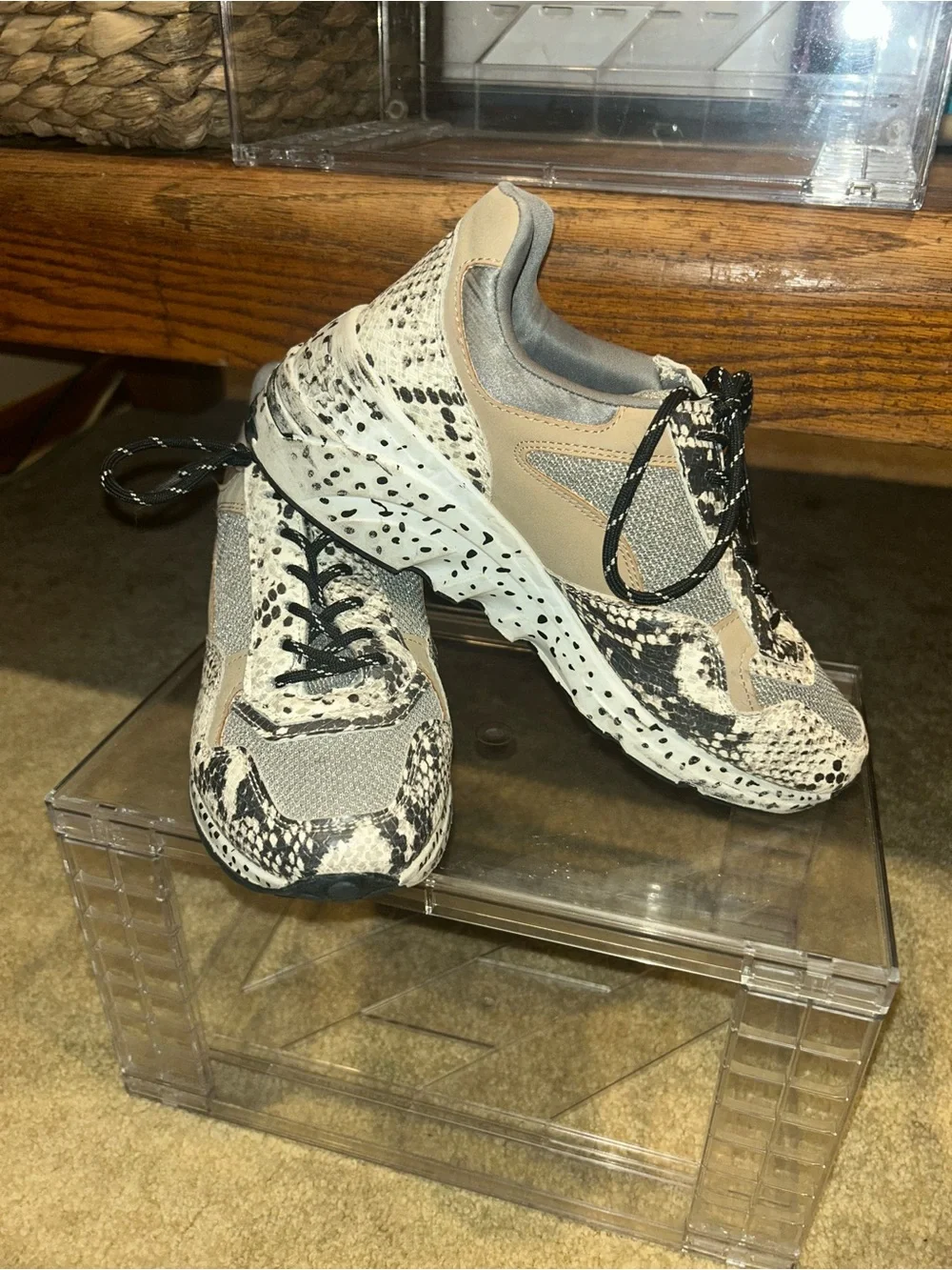 Steve Madden Beige and Black Snake-Print Sneakers